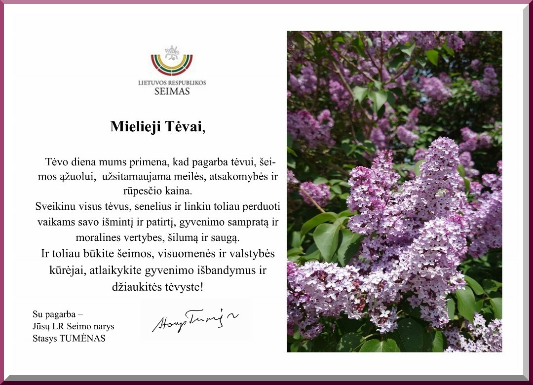 Seimo nario Stasio Tumėno sveikinimas