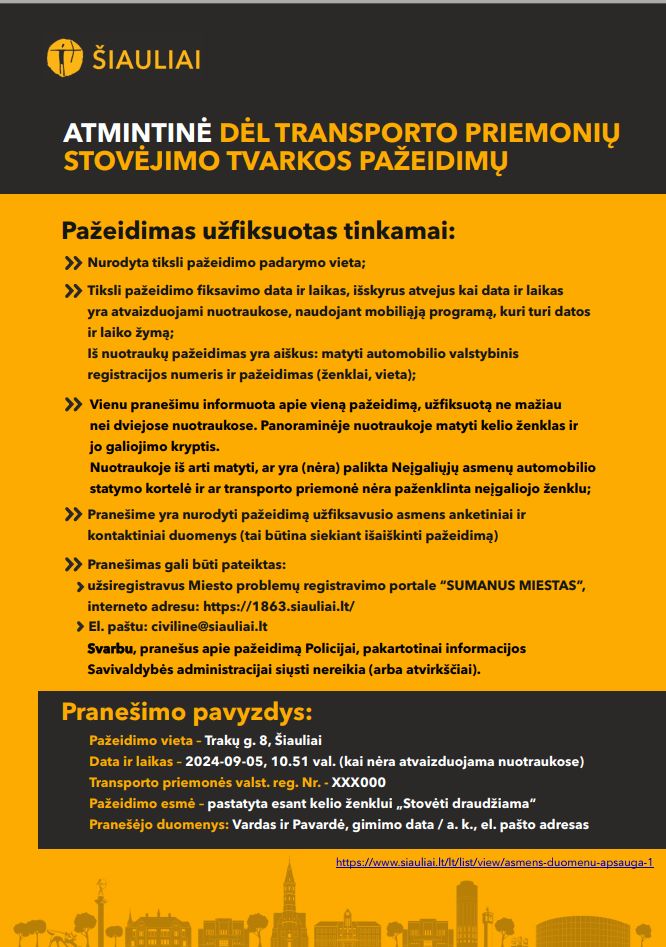 Atmintinė dėl transporto priemonių stovėjimo tvarkos pažeidimų