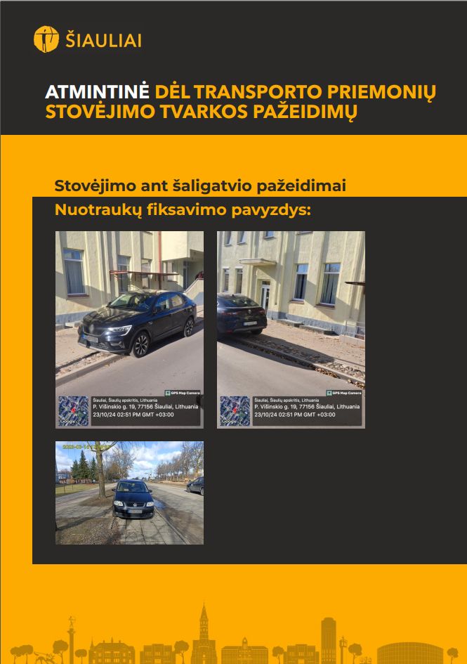 Atmintinė dėl transporto priemonių stovėjimo tvarkos pažeidimų